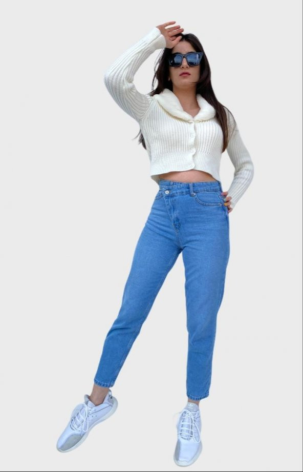 Kadın Çapraz Kapama Mom Jean Mavi Kot Pantolon ürün görseli 1