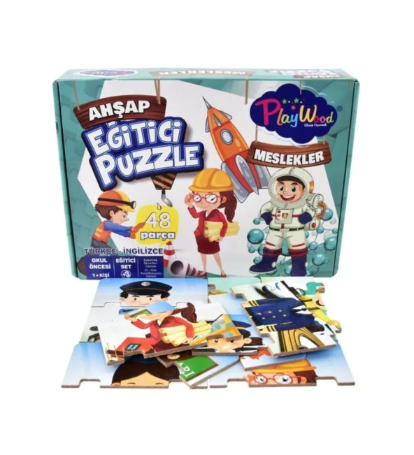 PlayWood 48 Parça, Eğitici Tükçe-İngilizce Ahşap Puzzle:MESLEKLER ürün görseli 1