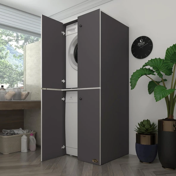 Kenzlife çamaşır-bulaşık makinesi dolabı kapaklı roksana gri 180*70*60 banyo çift katlı arkalıksız ürün görseli 1
