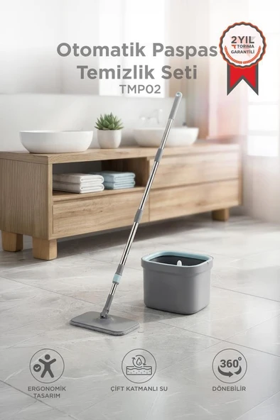 Otomatik Paspas Temizlik Seti Temiz Kirli Suyu Ayıran 3 Mop Bezli Paspas TMP02 Gri ürün görseli 1