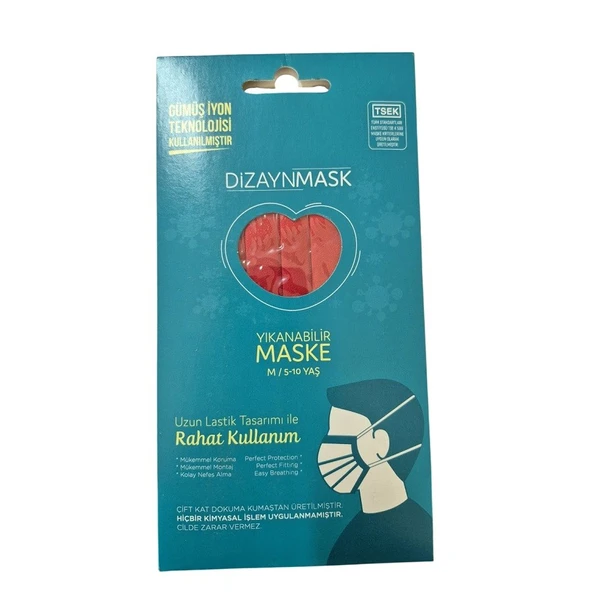 Dizaynmask Gümüş İyonlu Bez Maske Kırmızı Çocuk M 5-10 Yaş ürün görseli 1
