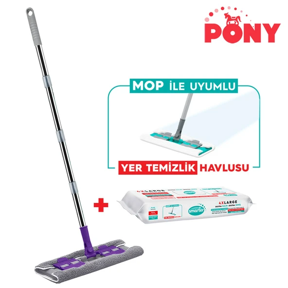 Pony Mandallı Mop + Yer Temizlik Havlusu Hediyeli Microfiber Yüzey Set Paspas Duvar Cam Kıskaçlı Klipsli ürün görseli 1