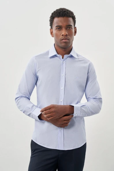 Mavi Uzun Kol Filafil Sert Yaka  Slim Fit Dar Kesim Basic Gömlek 1004225008 ürün görseli 1