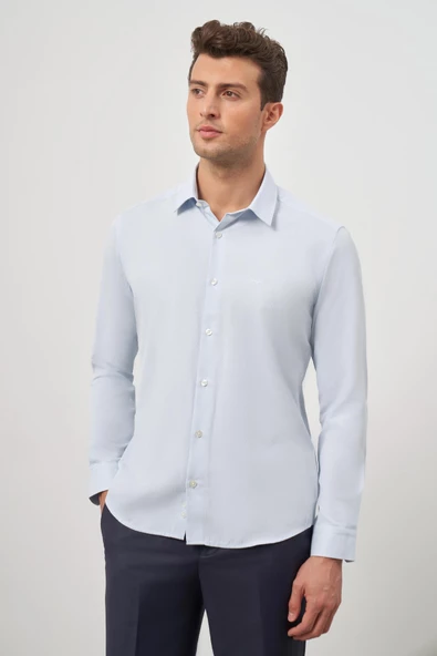Mavi Uzun Kol Kendinden Desenli Armürlü 32 Sert Yaka Classic Slim Fit Gömlek 1004245152 ürün görseli 1