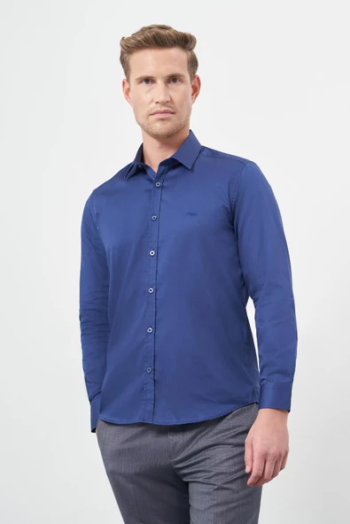 Lacivert Sert Yaka Slim Fit %100 Pamuk Gömlek 1004245324 ürün görseli 1