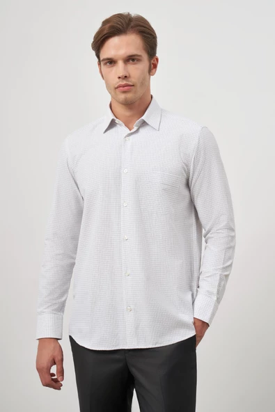 Beyaz Uzun Kol Kareli Desen Bez Ayağı Sert Yaka Cepli Pamuklu Classic Comfort Fit Gömlek 1004245158 ürün görseli 1