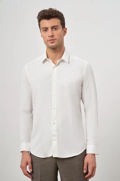 Krem Rengi Uzun Kol Kendinden Desenli Armürlü 32 Sert Yaka Classic Slim Fit Gömlek 1004245152 ürün görseli 1
