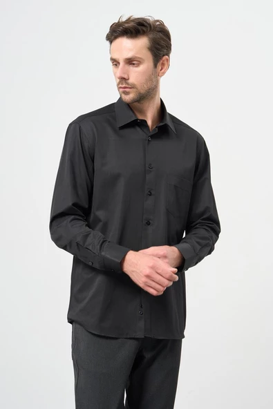Siyah Uzun Kol Düz Sert Yaka Pamuklu Classic Comfort Fit Gömlek 1004245269 ürün görseli 1