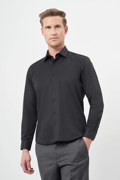 Siyah Uzun Kol Düz Bez Ayağı Sert Yaka Cepsiz Pamuklu Classic Slim Fit Gömlek 1004245267 ürün görseli 1