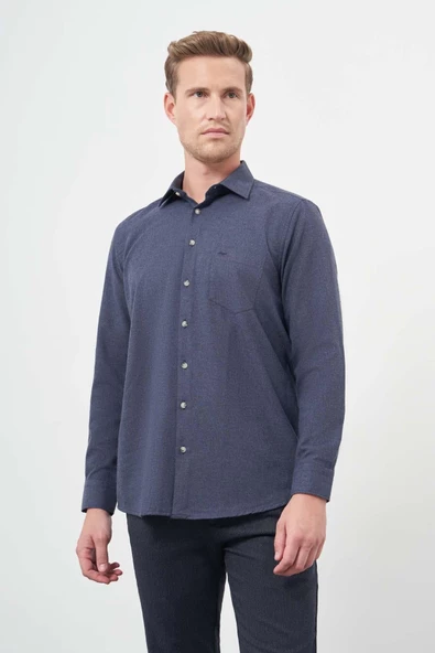 Lacivert Uzun Kol Düz Gabardin Sert Yaka Cepli Pamuklu Classic Comfort Fit Gömlek 1004245168 ürün görseli 1