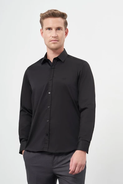 Siyah Uzun Kol Düz Bez Ayağı 032 Sert Yaka Classic Slim Fit Gömlek 1004245324 ürün görseli 1