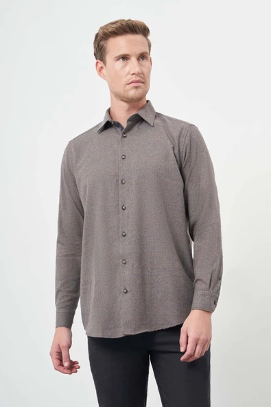 Kahverengi Uzun Kol Kareli Desen Gabardin Cepsiz Pamuklu Classic Comfort Fit Gömlek 1004245166 ürün görseli 1