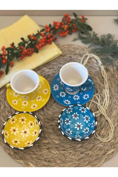 Papatya Çiçek 2 li Kahve Fincan Takımı ve 2 Adet Lokumluk Kase ürün görseli 1