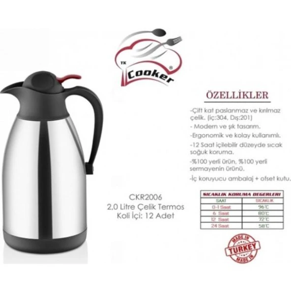 Cooker 2 Litre Paslanmaz Çelik Termos Sürahi Model CKR2006 - Resim 2