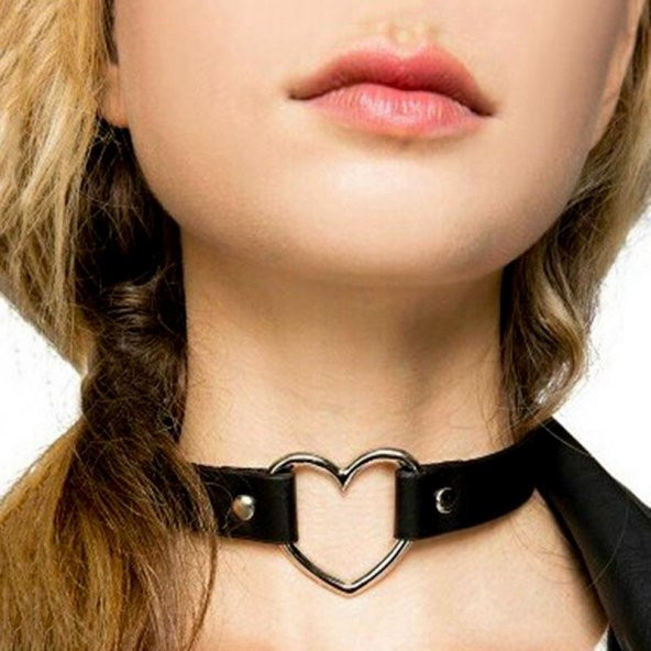 Siyah Deri Tasma Kalp 35 cm Choker Bayan Kolye Takı ürün görseli 1
