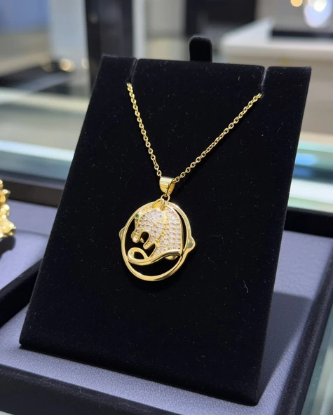 Paslanmaz Çelik Gold Zirkon Taşlı Figürlü Kolye - Resim 6