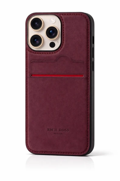 Apple iPhone 16 Pro Kartlıklı Rich Boss Lüx Deri Kılıf Koyu Kırmızı ürün görseli 1