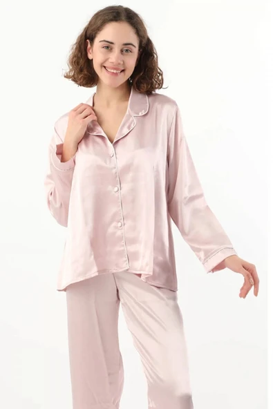 Kadın Pudra  Saten Çeyiz Seti 6 Parça Beyaz Biyeli Sabahlık Gecelik Pijama Şortlu Takım 8630 ürün görseli 1