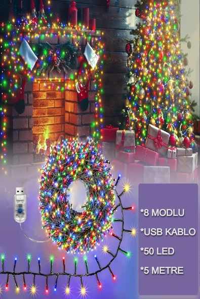 LED Işık Zinciri – USB Kablolu, 8 Modlu Renkli Yılbaşı Oda Balkon Dekorasyon 5 Metre LED Işık ürün görseli 1