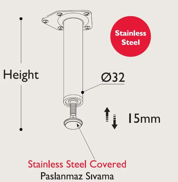 Paslanmaz Metal Mobilya Ayağı 32mm (4 Adet) - Resim 3