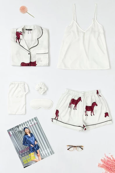 6'lı Zebra Desenli Ekru Saten Pijama Şort Takım ürün görseli 1