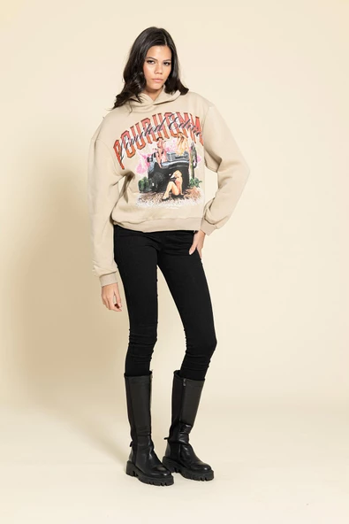 Oversize Kapişonlu Baskılı Taş Sweatshirt - Resim 4