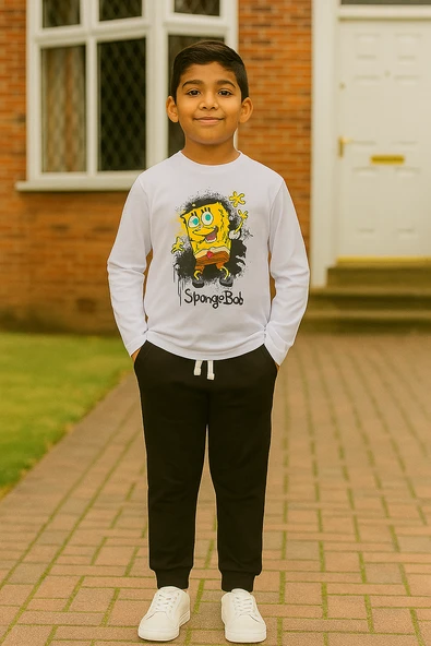 4'lü Sünger Bob Baskı Lacivert Tshirt Şort Pantolon Takım ürün görseli 1