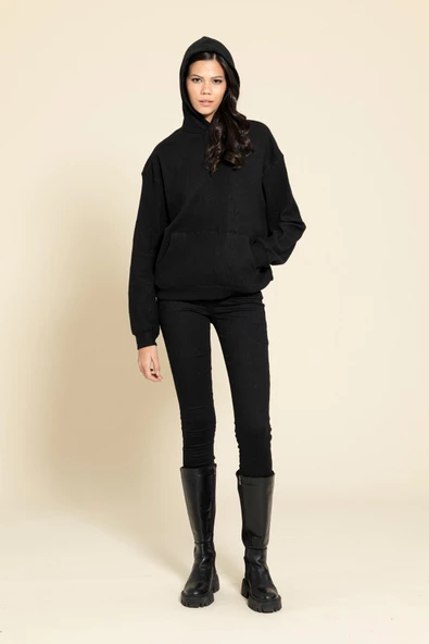 Oversize Kanguru Cepli Siyah Sweatshirt ürün görseli 1