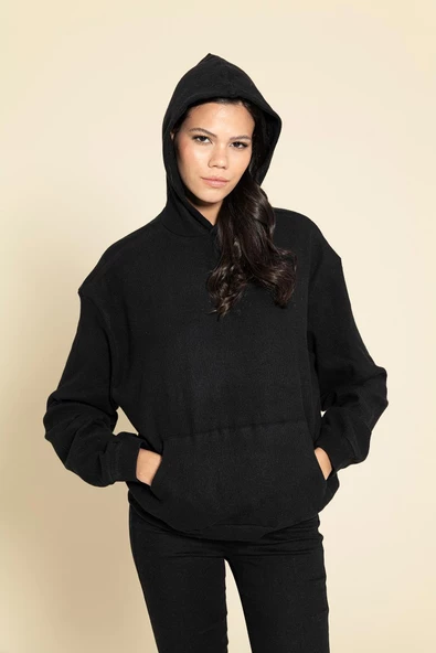 Oversize Kanguru Cepli Siyah Sweatshirt - Resim 4