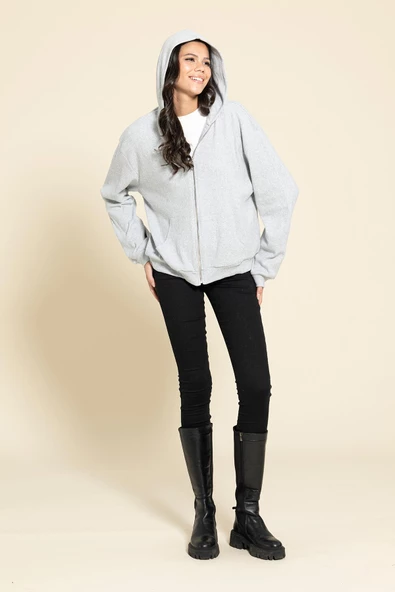 Oversize Fermuarlı Cepli Gri Sweatshirt - Resim 4