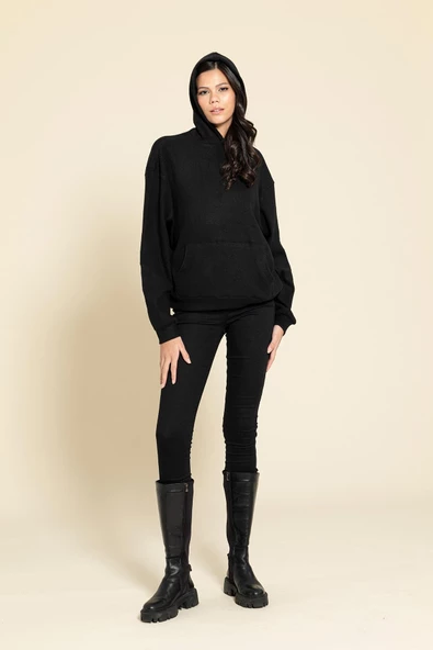 Oversize Kanguru Cepli Siyah Sweatshirt - Resim 5