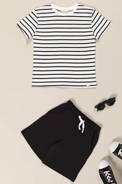 Çizgili Tshirt Şort Siyah Takım ürün görseli 1