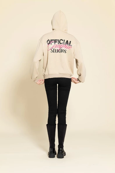 Oversize Kapişonlu Baskılı Taş Sweatshirt - Resim 5