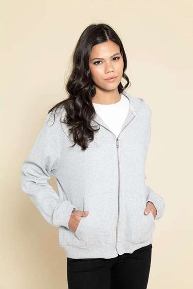 Oversize Fermuarlı Cepli Gri Sweatshirt ürün görseli 1