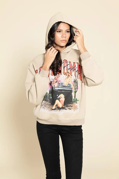 Oversize Kapişonlu Baskılı Taş Sweatshirt - Resim 6