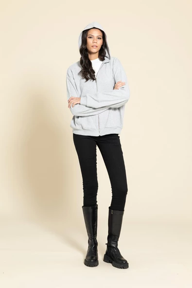 Oversize Fermuarlı Cepli Gri Sweatshirt - Resim 5