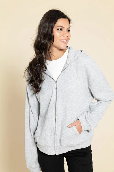 Oversize Fermuarlı Cepli Gri Sweatshirt - Resim 2