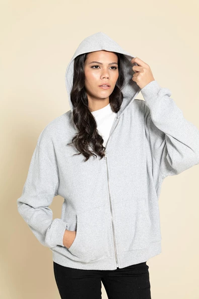 Oversize Fermuarlı Cepli Gri Sweatshirt - Resim 3