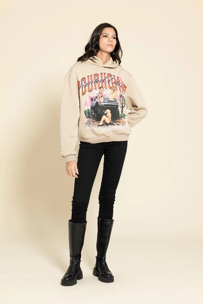 Oversize Kapişonlu Baskılı Taş Sweatshirt - Resim 2