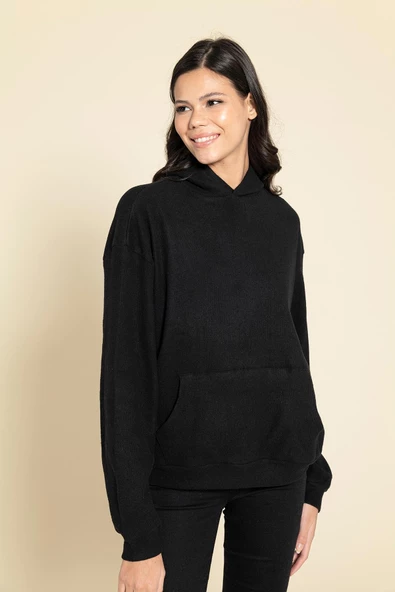 Oversize Kanguru Cepli Siyah Sweatshirt - Resim 3