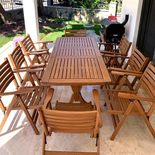 Antalya Side Ahşap Bahçe Takım : 90x180 +50 cm Uzayan Masa + 8 Katlanır Sandalye ürün görseli 1
