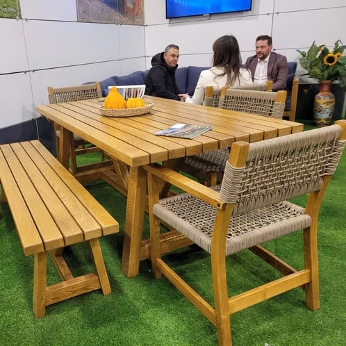 Taksim Ahşap Bahçe Takımı: 100x180 Masa + 4 Sandalye + 40x180 Bank Set, Masif Kestane ürün görseli 1