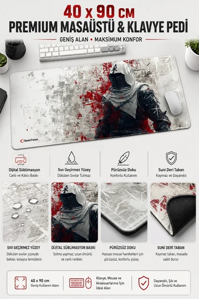 SonicTouch Klavye Mouse Pad Xxl 40x90cm Gri Suikastçı Gamer Oyuncu Pürüzsüz Sıvı Geçirmez Yüzey ürün görseli 1