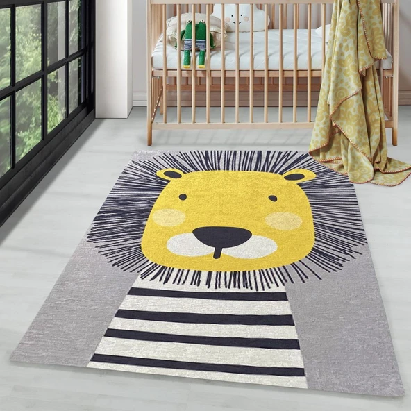 Çocuk Bebek Halısı Sevimli Aslan desenli Gri Halı Yıkanabilir Kaymaz Taban ürün görseli 1