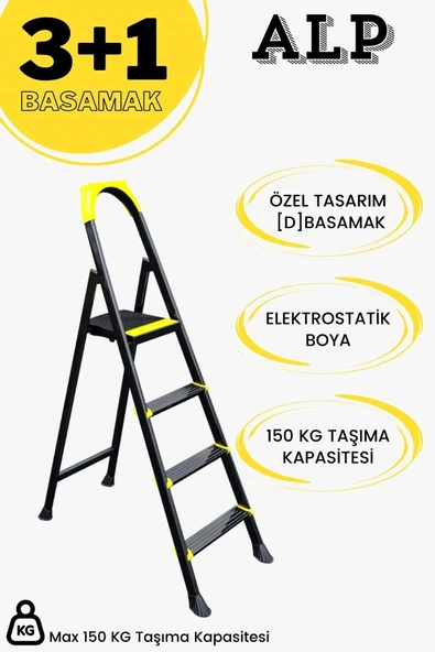 Karen Alp Siyah 3+1 Metal Basamaklı Katlanabilir Merdiven ürün görseli 1
