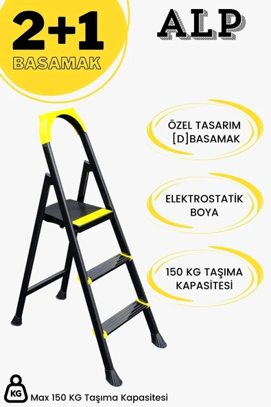 Karen Alp Siyah 2+1 Metal Basamaklı Katlanabilir Merdiven ürün görseli 1