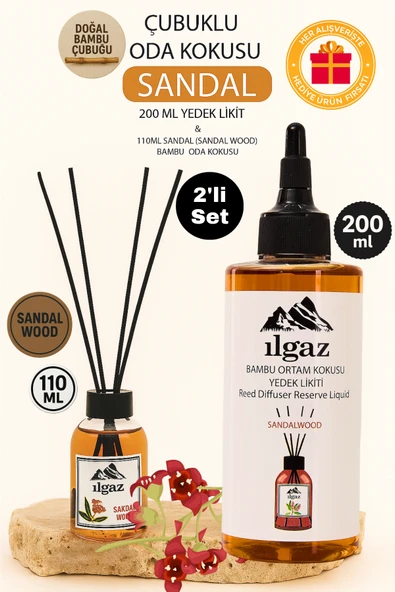 2'li Set Sandal Bambu Yedek Likit Yedek Şişe 200ml Sandal Çubuklu Oda Kokusu Kolay Kullanım 110ml ürün görseli 1