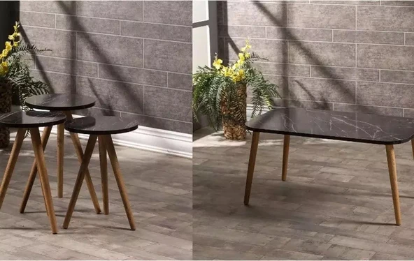 Zigon Sehpa Ve Orta Sehpa Set Ahşap Kr Torna Siyah Mermer Desen ürün görseli 1
