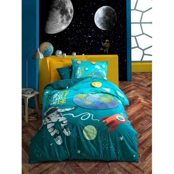 Cotton Box Junior Nevresim Takımı Tek Kişilik Little Astronaut Turkuaz ürün görseli 1