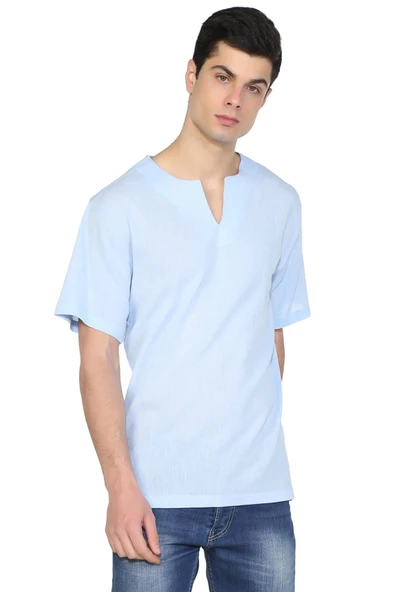 Büyük Beden Kısa Kol Şile Bezi Bisiklet Yaka Erkek Yazlık Tshirt Buz Mavi 3027 ürün görseli 1